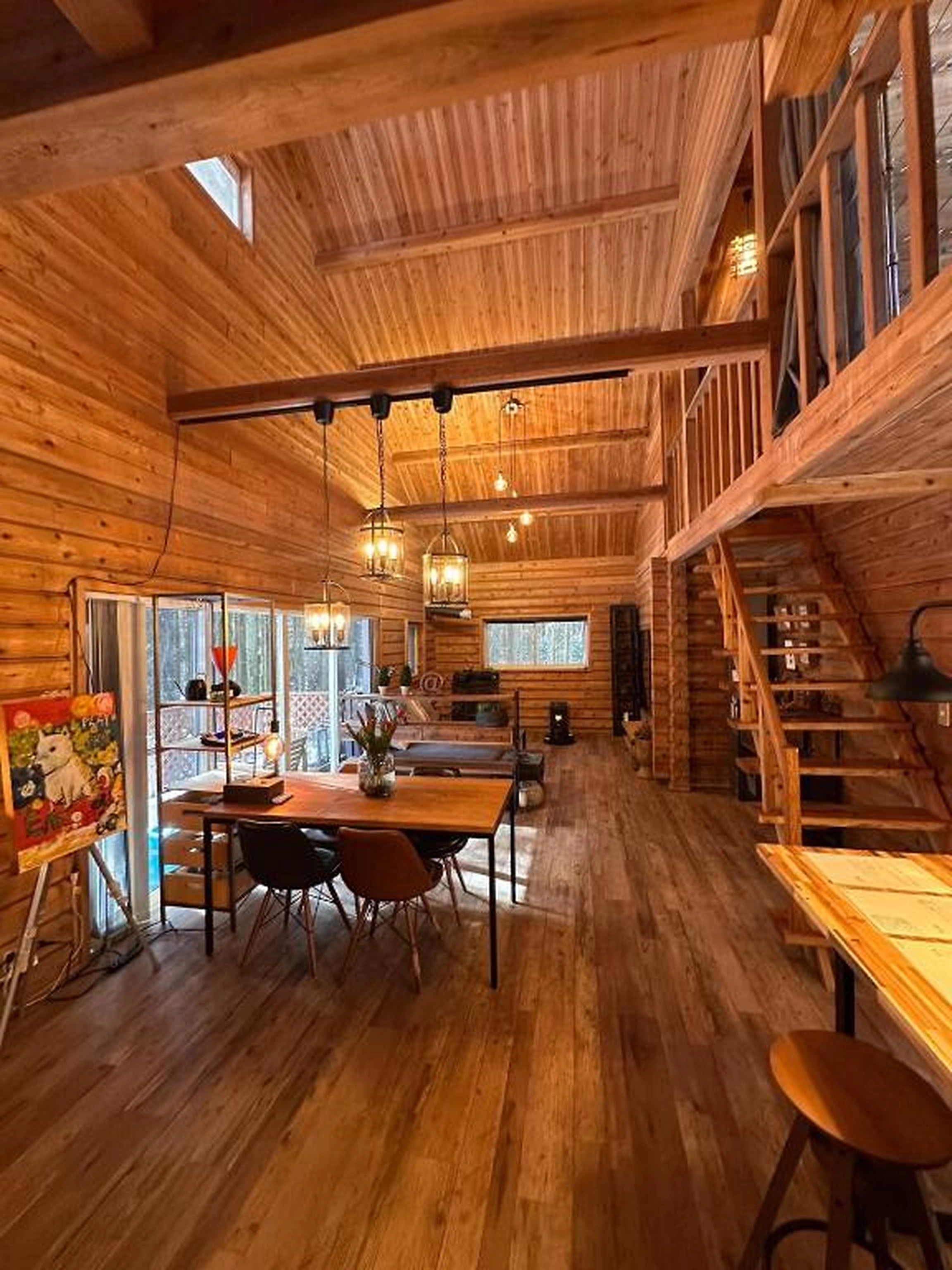 Warm timber interior and dining area